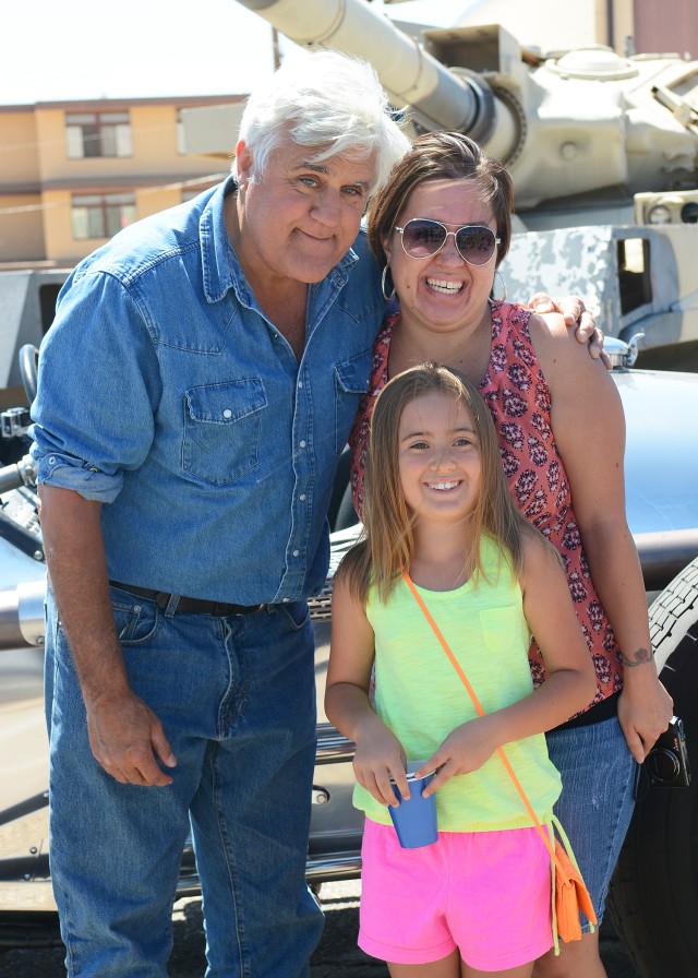 Julie Epstein, a military spouse here, and her daughter Jordan, 9 with Jay Leno