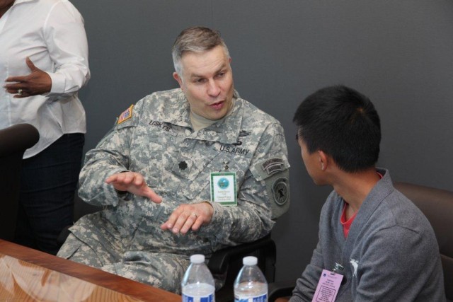 LTC Leskys interacts with student