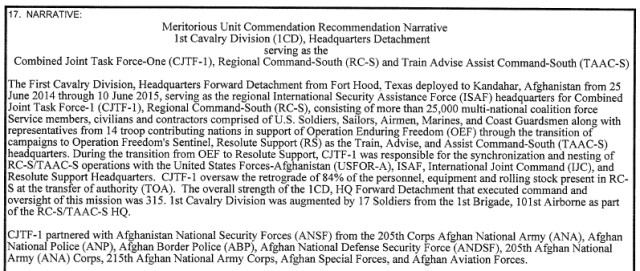 Meritorious Unit Commendation Narrative for 1st Cav. Div. HQ