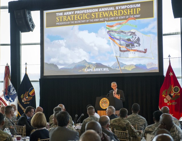 Army Secretary John M. McHugh addresses the Army Profession Annual Symposium