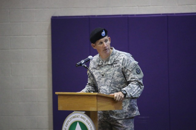 597th Trans. Bde. commander addresses the crowd