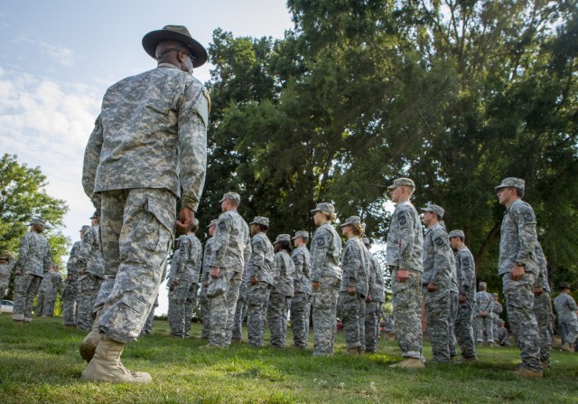 Drill Sergeant Teaches Rotc Cadets How To March In Formation 