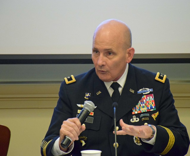 Maj. Gen. William Hix, Director, Strategy plans and Policy G-3-5-7, speaks to the participates of the AUSA-PKSOI Stability Conference  