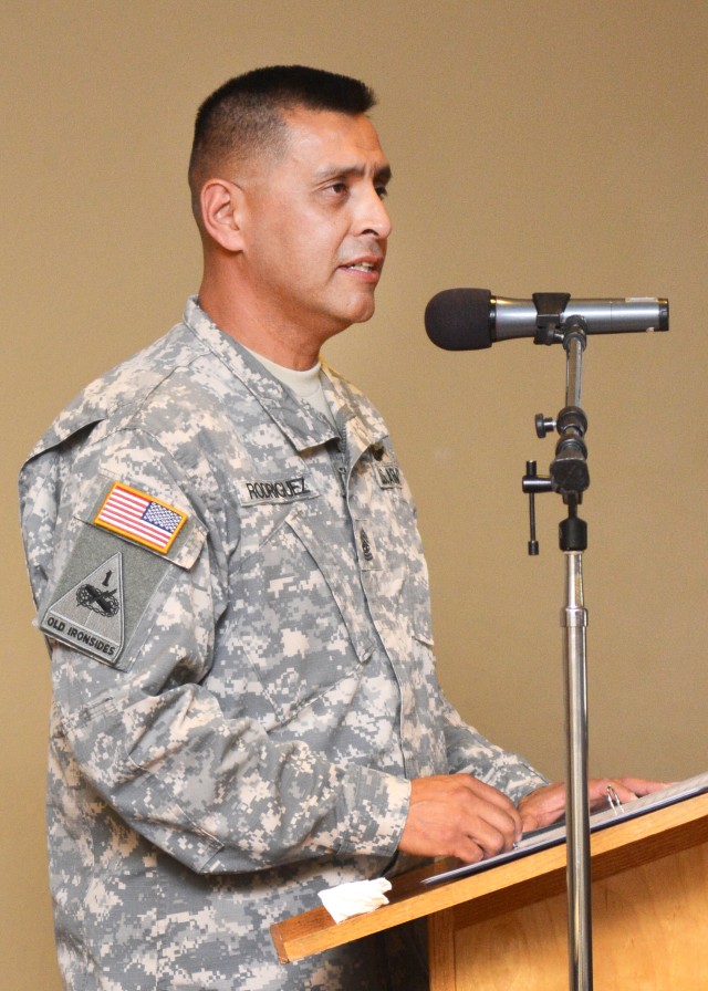 Command Sgt. Maj. Albert Rodriguez speaks at Fort Irwin, Sept. 30