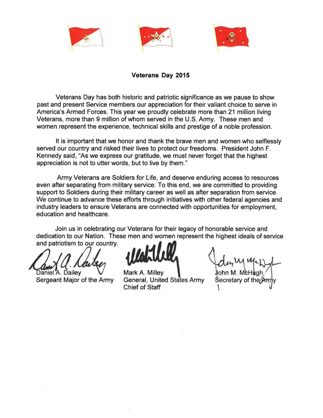 Army senior leader's tri-signed Veterans Day 2015 letter