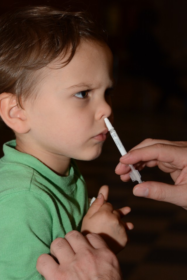 Sylas Borovicka gets his flu mist vaccine at Fort Jackson