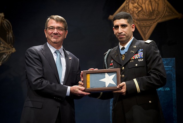 Secretary of Defense Hon. Ash Carter presents Medal of Honor Flag