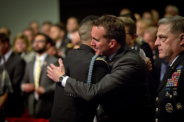 Acting Secretary of the Army Hon. Eric Fanning congratulates Medal of Honor recipient Capt. Groberg
