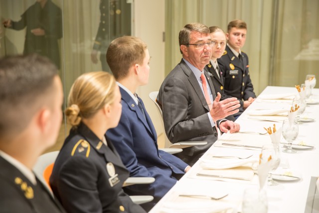 Secretary of Defense Ashton Carter has lunch with MIT ROTC Cadets