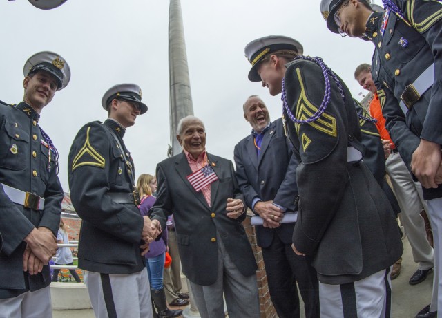 ROTC cadets share a smile with WWII hero