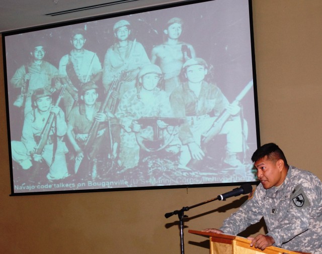 Guest speaker Cpt. Begaye recounts the story of the Navajo code talkers during World War II