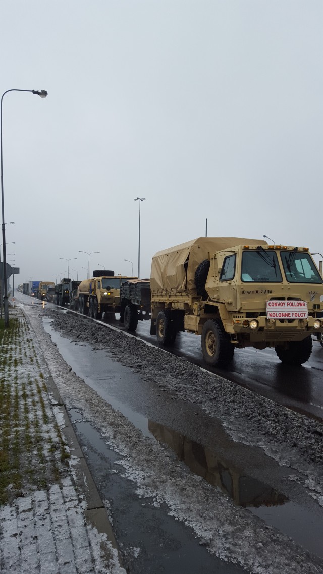 A BTRY, 5-7 ADA convoys from Baumholder, Germany, to Poland