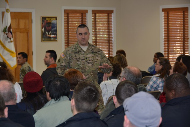 U.S. Army Garrison Fort A.P. Hill Commander Lt. Col. David A. Meyer held an Employee Town Hall January 21, 2016, in Romenick Hall. 