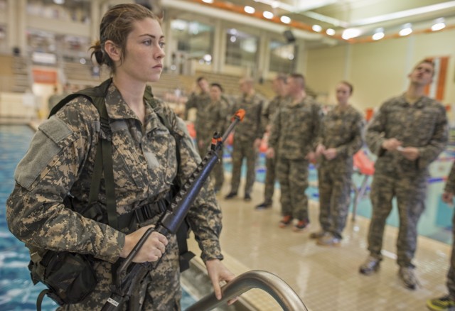 Female ROTC cadet mental prepares for water survival test