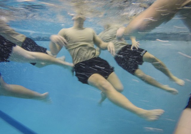 Underwater shot of ROTC cadets treading water for CWST