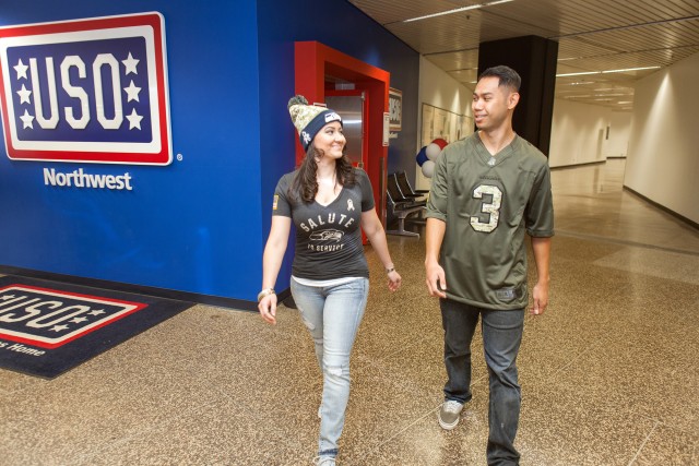 Soldier models Seahawks gear