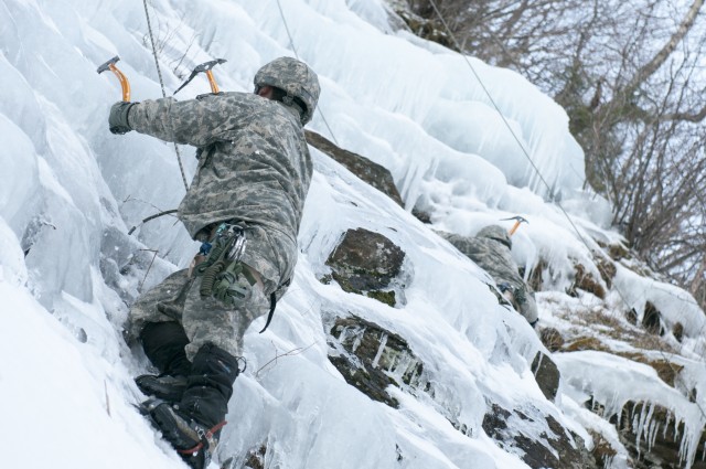 Vermont National Guard Soldier climbs ice wall