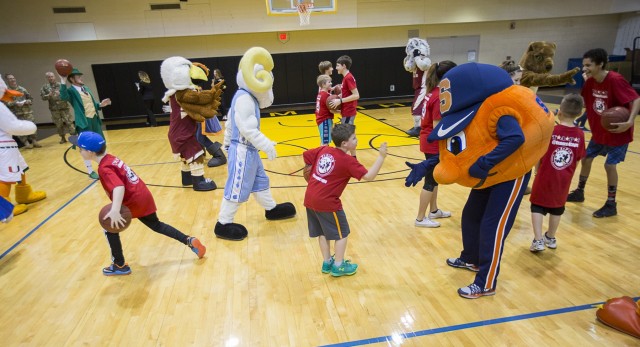 Atlantic Coast Conference mascots help greet children of fallen combat troops