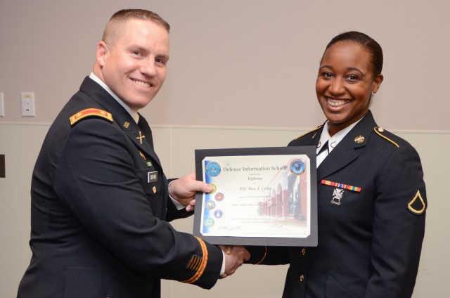 Pfc. Brea A. Corley of Lakewood, Washington, DINFOS Basic Public Affairs Specialist Writer graduate