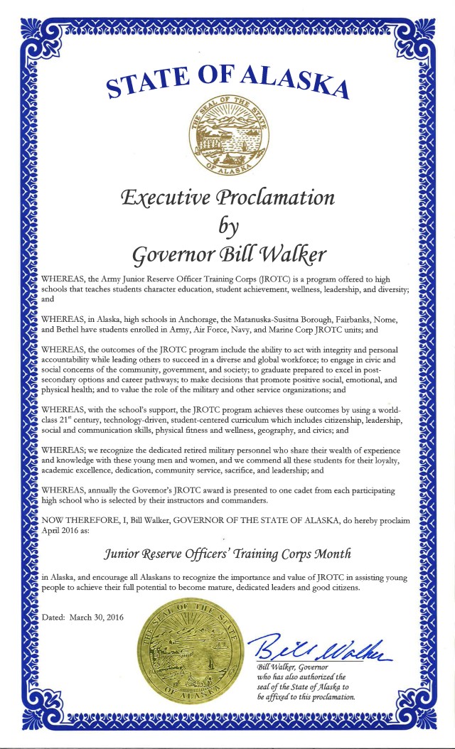 Alaska governor proclaims April JROTC Month