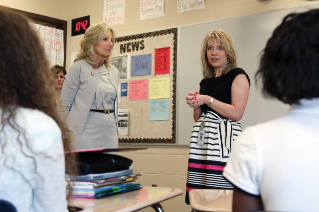 Pamela Dombrowski, a math teacher at Fort Riley Middle School, leads a discussion with Jill Biden