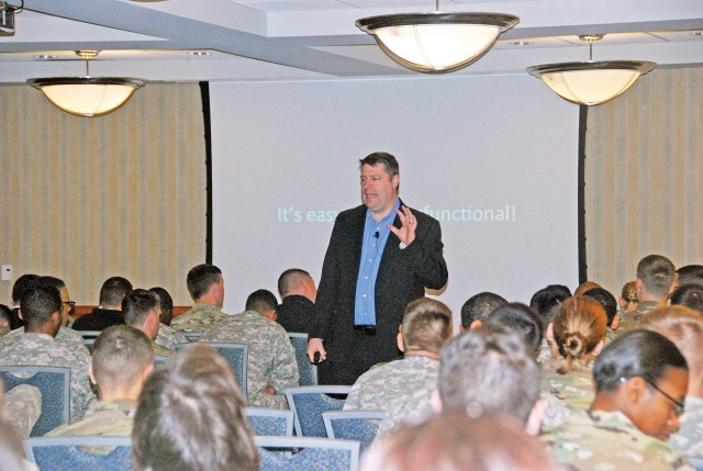 Chris Anderson, founder and executive director of MaleSurvivor, addresses Fort Riley Soldiers.