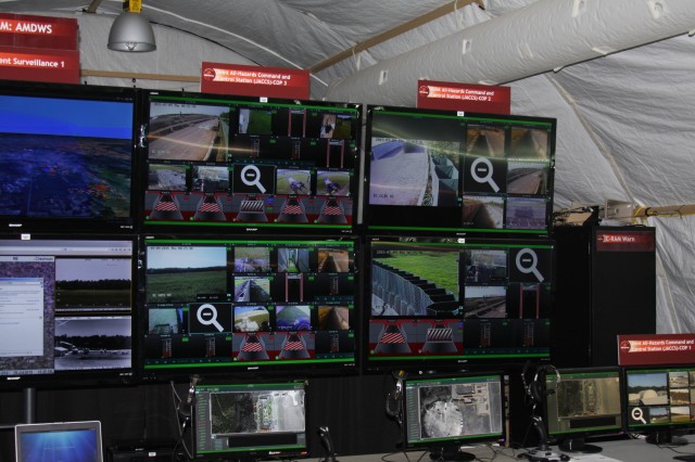 Monitors inside RTC's FOB which provide soldiers with various viewpoints inside the compound.