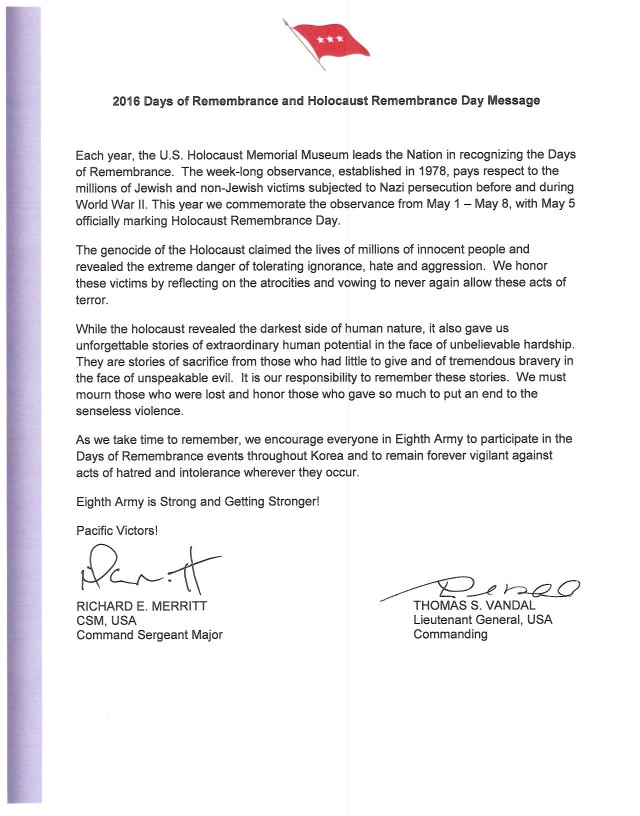 2016 Days of Remembrance and Holocaust Remembrance Day Message