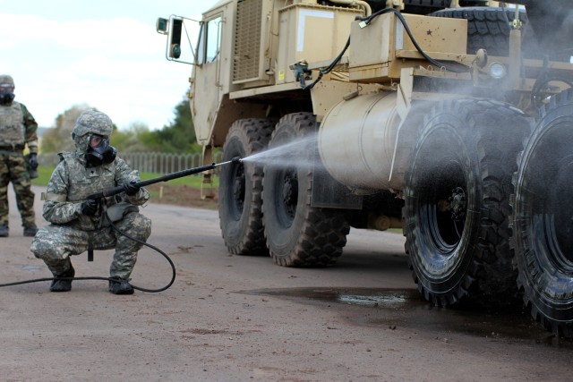 Decontaminating a Patriot Launcher in MOPP 4