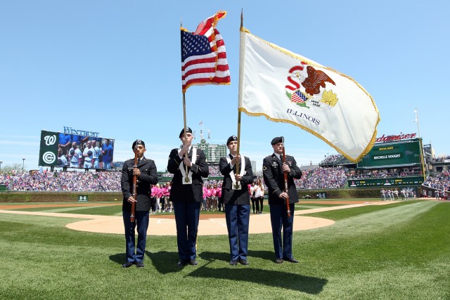 Loyola University ROTC present the nation's colors during Chicago Cubs home game