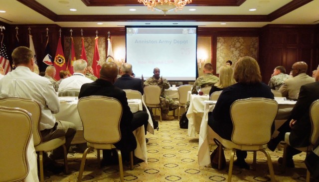 Lt. Gen. Larry Wyche addresses attendees of an Army Organic Industrial Base Summit