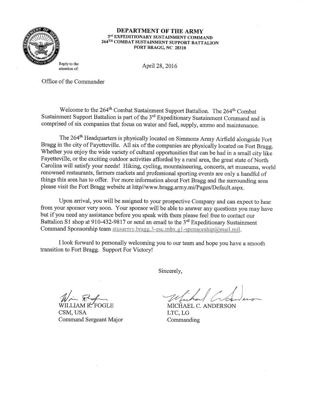 330th Combat Sustainment Support Battalion Welcome Letter