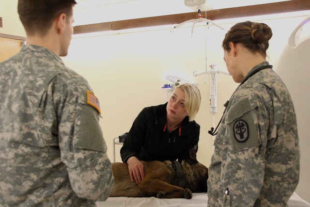 Military working dog handler Pfc. Whitnie Baldwin listens to Public Health Command-Pacific veterinarians