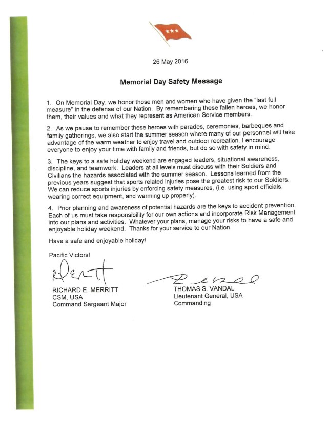 Memorial Day Safety Message