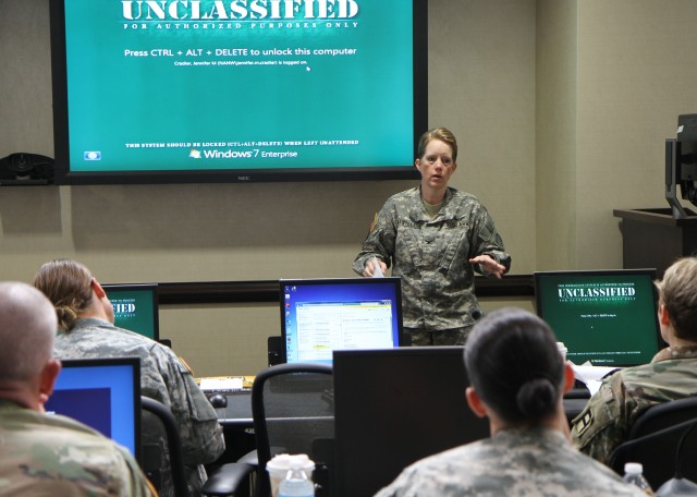 Army Reserve Col. Susan Mantell, command surgeon to the 85th Army Reserve Support Command, speaks at First Army's first medical and clinical operaitons summit at First Army headquarters may 24-25.