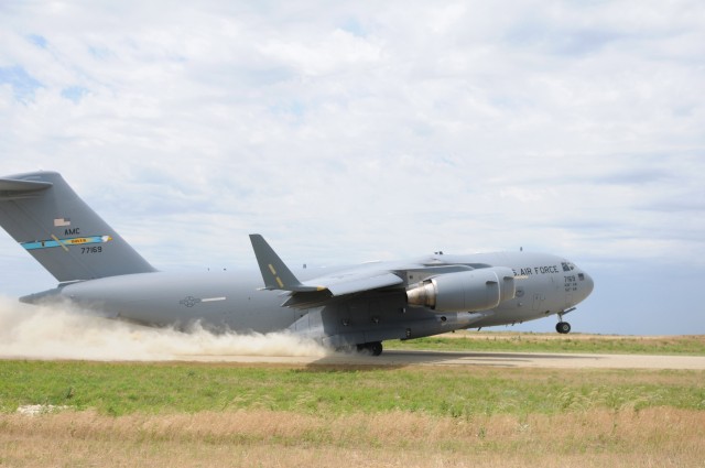 C-17 Globemaster III takes off after using Fort Riley landing strip for training
