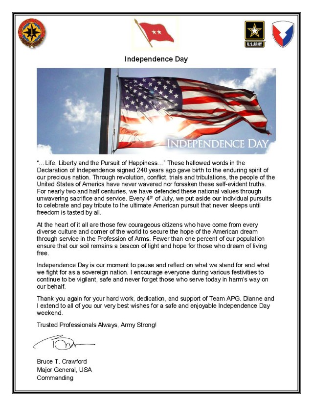 An Independence Day Message from Maj. Gen. Bruce T. Crawford.