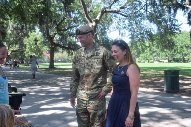 1st Battalion, 75th Ranger Regiment Commander Lieutenant Colonel Todd Brown and wife, Kristan, greet old friends