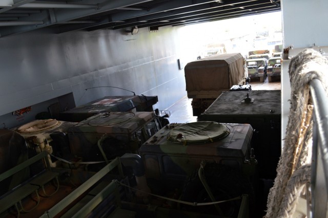 2-27 Inf. Regt. load out on USAV CW3 Harold C. Clinger (LSV-2)