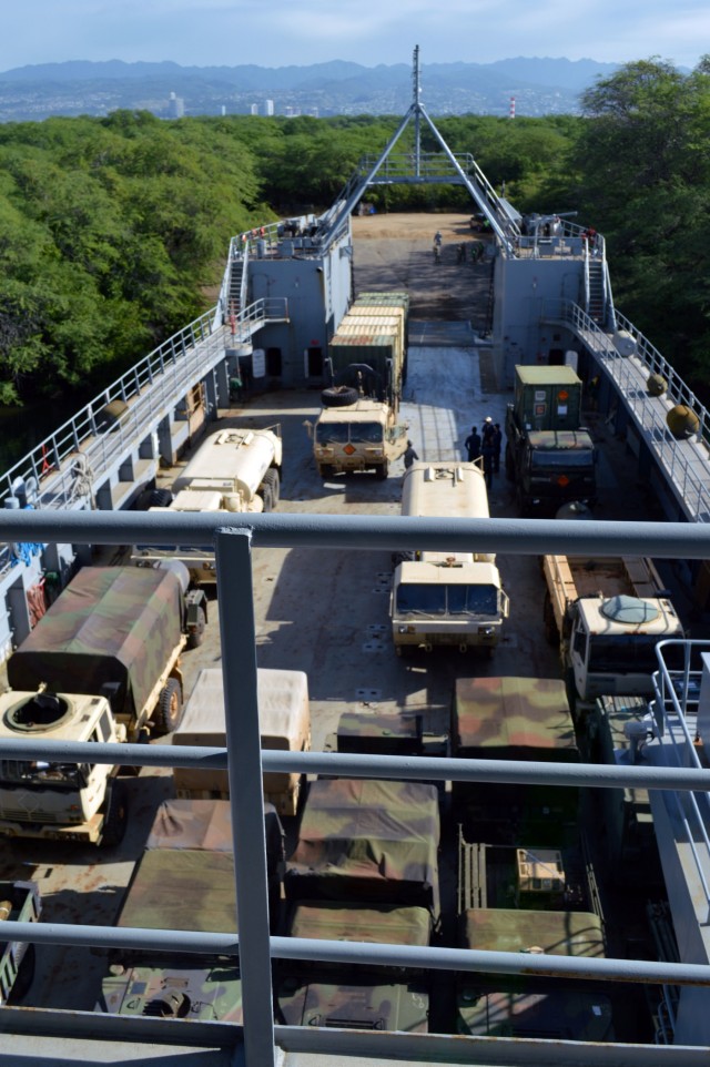 2-27 Inf. Regt. load out on USAV CW3 Harold C. Clinger (LSV-2)