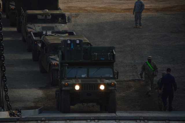 2-27 Inf. Regt. load out on USAV CW3 Harold C. Clinger (LSV-2)