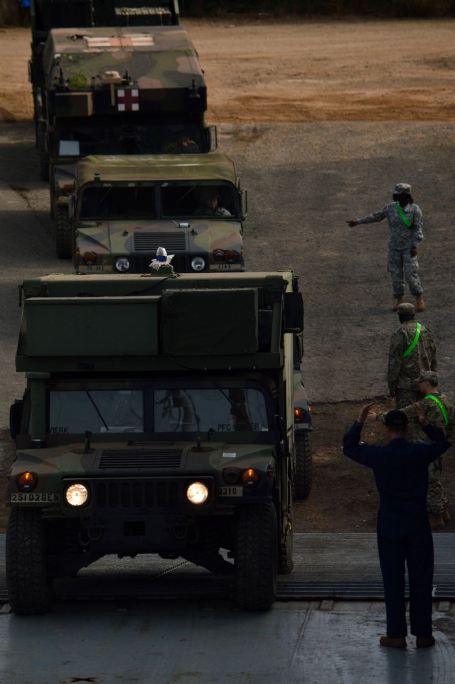 2-27 Inf. Regt. load out on USAV CW3 Harold C. Clinger (LSV-2)