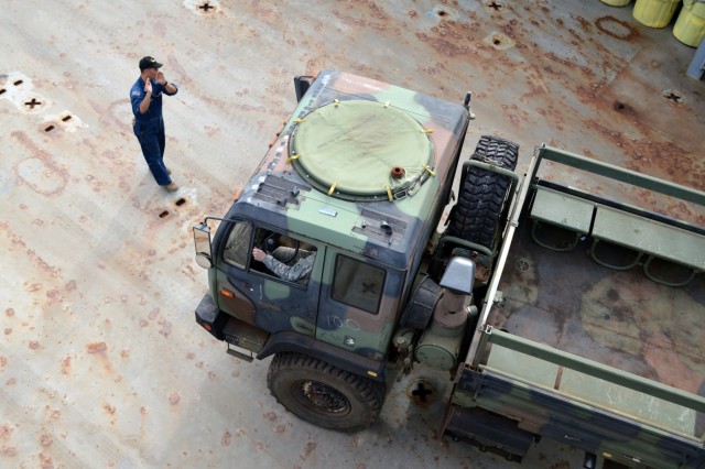 2-27 Inf. Regt. load out on USAV CW3 Harold C. Clinger (LSV-2)
