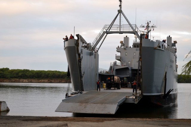 2-27 Inf. Regt. load out on USAV CW3 Harold C. Clinger (LSV-2)