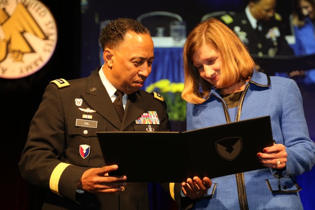 AMC's Gen. Dennis L. Via presents Dr. Susan Myers the honorary Maj. Gen. Harold Greene Award for Innovation