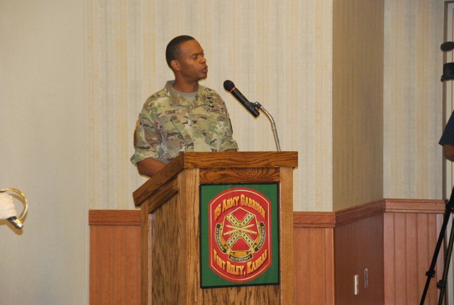 Col. Andrew Cole Jr., outgoing Fort Riley garrison commander, addresses crowd the before leaving Fort Riley.