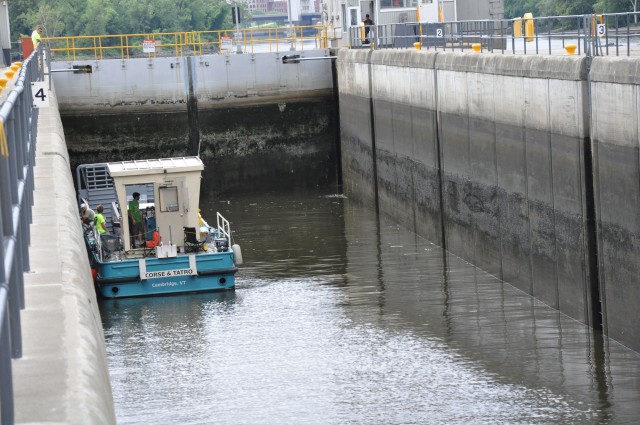 Vessel traveling through Troy Lock and Dam in Summer 2016.