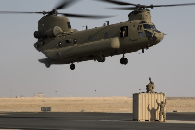 40th CAB practices night sling load movements at Camp Buehring, Kuwait