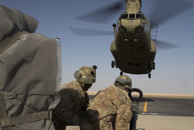 40th CAB practices night sling load movements at Camp Buehring, Kuwait