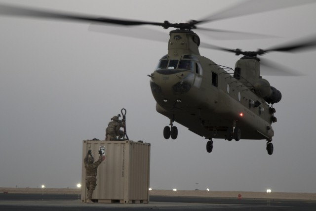 40th CAB practices night sling load movements at Camp Buehring, Kuwait